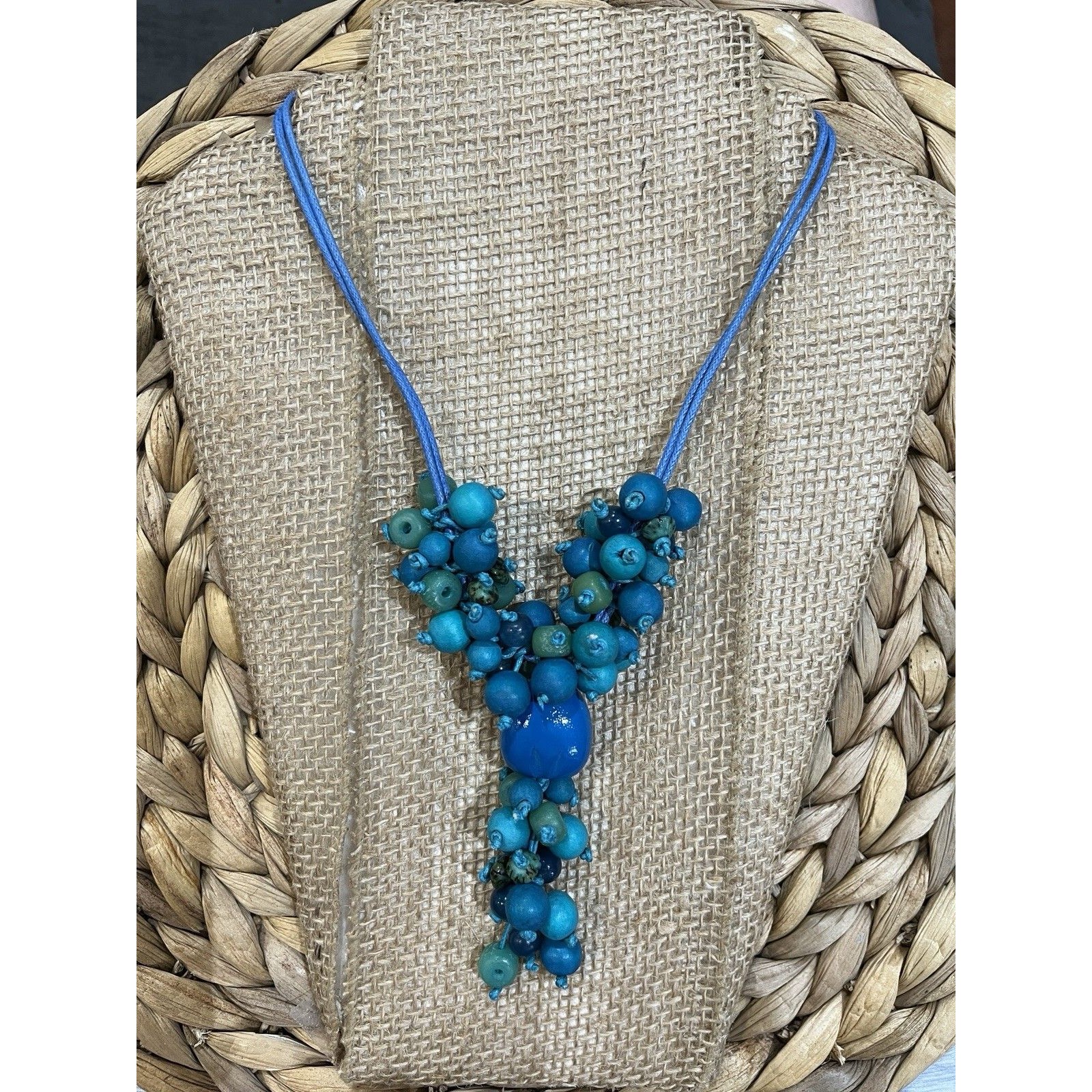 Blue Eco-Friendly Wooden Bead Cluster Necklace Blue Cotton Cord Beachy Boho